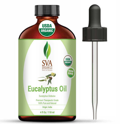 Picture of SVA Organics Eucalyptus Essential Oil Organic 4 Oz USDA with Dropper 100% Pure Natural Undiluted Premium Therapeutic Grade Oil for Diffuser, Aromatherapy, Face, Body & Hair Care