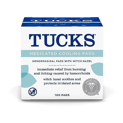 Picture of TUCKS Medicated Cooling Pads, 100 Count - Hemorrhoid Pads with Witch Hazel, Cleanses Sensitive Areas, Protects from Irritation, Hemorrhoid Treatment, Medicated Pads Used By Hospitals