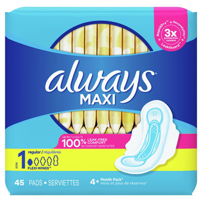 Picture of Always Maxi Feminine Pads for Women, Size 1 Regular Absorbency, with Wings, Unscented, 45 Count