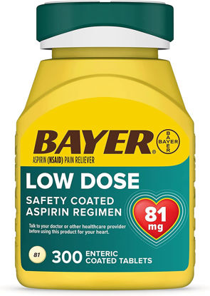 Picture of Bayer Enteric Coated Aspirin 81mg Tablets, Safety Coated Low Dose Aspirin Regimen forSecondary Heart Attack and Ischemic Stroke Prevention and Pain Relief - 300 Count