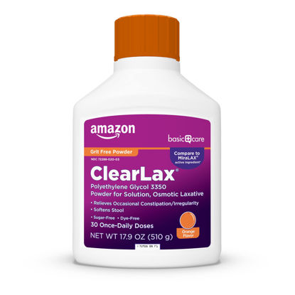 Picture of Amazon Basic Care ClearLax Polyethylene Glycol 3350 Powder for Solution, Orange Flavor, Osmotic Laxative, Stool Softener, Relieves Occasional Constipation, 17.9 Ounces