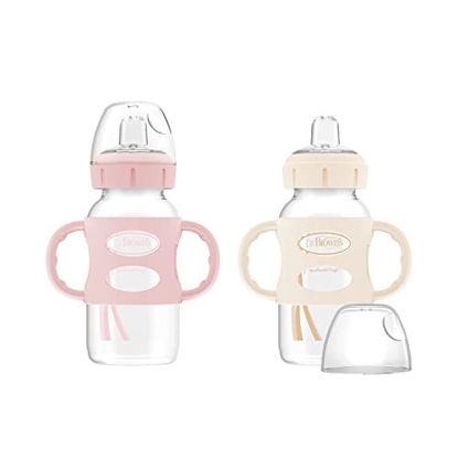 Picture of Dr. Brown’s® Milestones™ Wide-Neck Sippy Bottle with 100% Silicone Handles, Easy-Grip Bottle with Soft Sippy Spout, 9oz/270mL, BPA Free, Light-Pink & Ecru, 2 Pack, 6m+