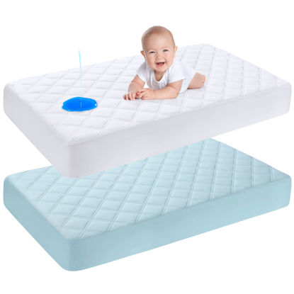 Picture of Yoofoss 2 Pack Waterproof Crib Mattress Protector, Quilted Fitted Crib Mattress Pad, Ultra Soft Breathable Toddler Mattress Protector Baby Crib Mattress Cover (Blue and White, 52''x28'')