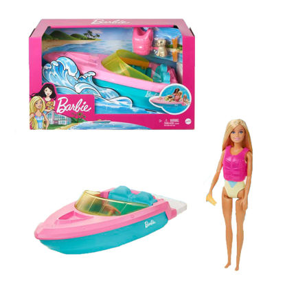 Picture of Barbie Doll and Boat Playset with Pet Puppy, Life Vest and Beverage Accessories, Fits 3 Dolls and Floats in Water