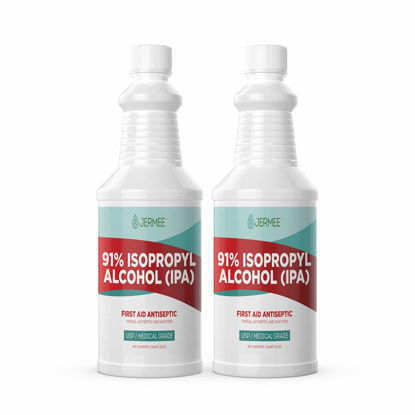 Picture of Jermee Isopropyl Alcohol (IPA) 91% Purity - USP/Medical Grade - First Aid Antiseptic, Topical Rubbing Alcohol, Made in The USA, 32 Ounce, 2 Pack