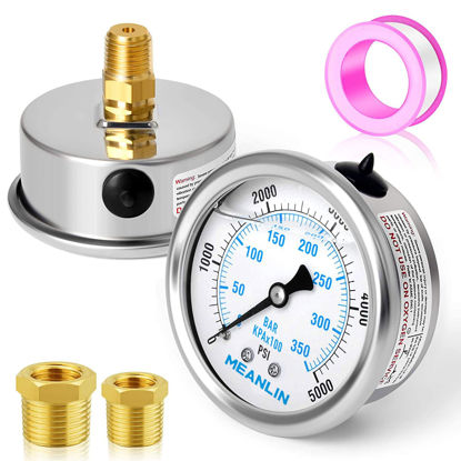 Picture of MEANLIN MEASURE 0~5000Psi Stainless Steel 1/4" NPT 2.5" FACE DIAL Liquid Filled Pressure Gauge WOG Water Oil Gas Center Back Mount