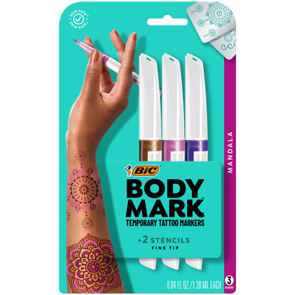 Picture of BIC BodyMark Temporary Tattoo Marker with Fine Tip, Mandala, Assorted Colors, Pack of 3 Markers + 3 Stencils
