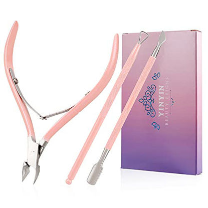 Picture of Cuticle Trimmer with Cuticle Pusher and Cutter-YINYIN Cuticle Cutter Cuticle Nipper Professional Stainless Steel Cuticle Clippers Durable Pedicure Manicure Tools for Fingernails and Toenails (Pink)