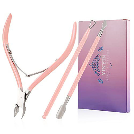 Picture of Cuticle Trimmer with Cuticle Pusher and Cutter-YINYIN Cuticle Cutter Cuticle Nipper Professional Stainless Steel Cuticle Clippers Durable Pedicure Manicure Tools for Fingernails and Toenails (Pink)
