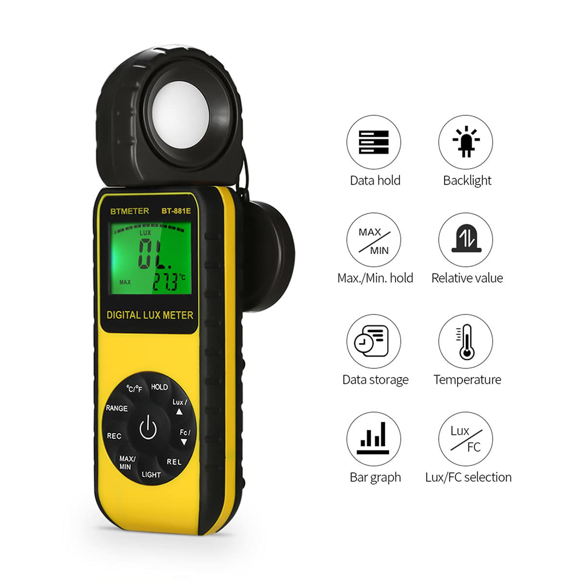 BTMETER BT-881E Digital Light Meter - 0.01-300,000 Lux Measurement | LED Grow Light Tester With Temperature Sensor