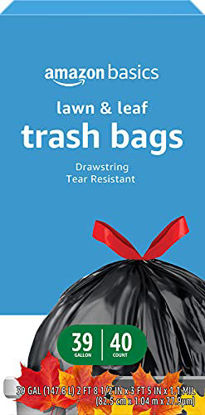Picture of Amazon Basics Lawn & Leaf Drawstring Trash Bags, Unscented, 39 Gallon, 40 Count