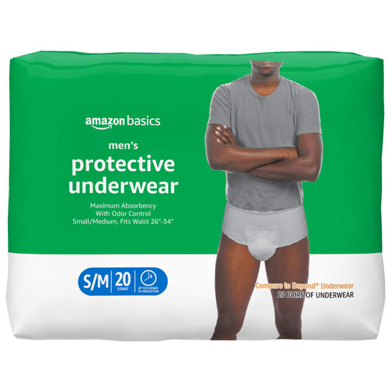 GetUSCart-  Basics Incontinence Underwear for Men, Maximum  Absorbency, Small/Medium, 20 Count, White (Previously Solimo)