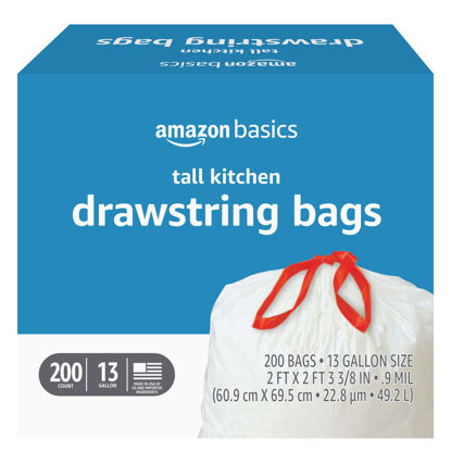 Picture of Amazon Basics Tall Kitchen Drawstring Trash Bags, 13 Gallon, Unscented, 200 Count (Previously Solimo)