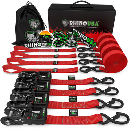 Picture of RHINO USA Ratchet Straps Tie Down Kit, 5,208 Break Strength - Includes (4) Heavy Duty Rachet Tiedowns with Padded Handles & Coated Chromoly S Hooks + (4) Soft Loop Tie-Downs
