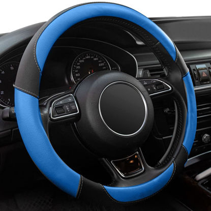 Picture of Xizopucy Black and Blue Microfiber Leather Steering Wheel Cover，Universal 15 inch Steering Wheel Covers for Car Truck SUV，Breathable, Anti Slip & Odor Free(Black+Blue)…