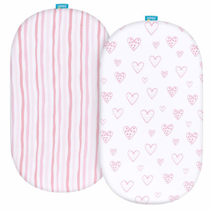Picture of Bassinet Sheets Compatible with Fisher-Price Soothing Motions/Luminate Bassinet and Chicco LullaGo Anywhere Portable Bassinet, 2 Pack, 100% Jersey Knit Cotton Fitted Sheets, Pink Print for Baby Girl
