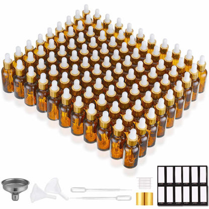 Picture of PrettyCare Eye Dropper Bottle 1 oz (99 Pack Amber Glass Bottles 30ml with Golden Caps, Extra Plastic Measured Pipettes, Labels, Funnel) Empty Tincture Bottles for Essential Oils