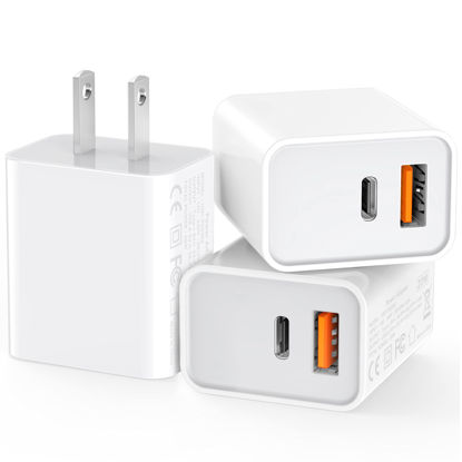 Picture of [3 Pack] USB-C Wall Charger, 20W Durable Dual Port QC+PD 3.0 Power Adapter, Double Fast Plug Charging Block for iPhone 14/14 Pro/14 Pro Max/14 Plus/13/12/11, XS/XR/X, Watch Series 8/7 Cube(White)