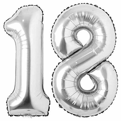 Picture of 18 Number Balloons Silver Giant Jumbo Big Large Number 18 Foil Mylar Balloons for 18th Birthday Party Supplies 18 Anniversary Events Decorations