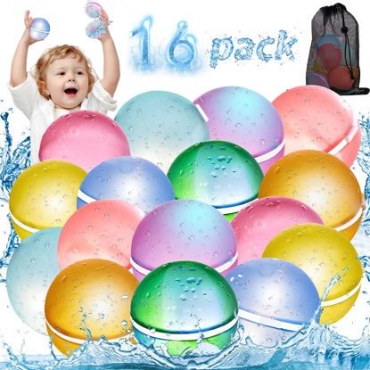 Picture of 16 Pack Reusable Water Balloons for Kids, Refillable Water Balloons with Mesh Bag, Quick Fill and Self Sealing, Silicone Water Balls Water Toys for Kids Adults Outside Play, Summer Party, Pool Games