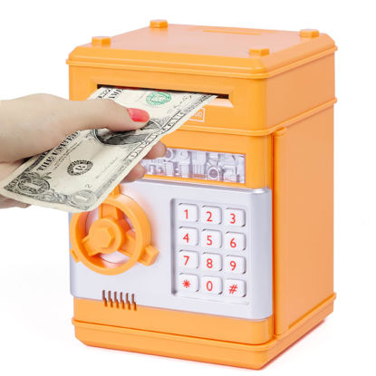 Picture of Refasy Piggy Bank,Kids Toys for Girls Age 7-8 Cash Coin Can Electronic Money Bank with Password Code Kids Piggy Bank Money Saving Box Birthday Gifts for Boys Girls(Orange)