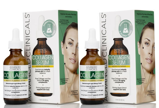 Picture of Advanced Clinicals Collagen Face Serum Skin Care Anti Aging Moisturizer For Skin Tightening, Brightening & Hydrating. Facial Collagen Peptide Booster Helps Smooth & Plump Dry Skin, 1.75 Fl Oz, 2-Pack