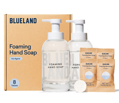 Picture of BLUELAND Hand Soap Duo - 2 Refillable Glass Foaming Hand Soap Dispensers + 8 Tablet Refills | Iris Agave Scent | Makes 8 x 9 Fl oz bottles (72 Fl oz total)
