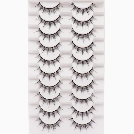 Picture of Losha Manga Lashes Natural Look Fluffy False Eyelashes 10 Pairs Durable Faux Mink Lashes Handmade Fake Anime Eye Lashes Pack Like Individual Clusters| BC009