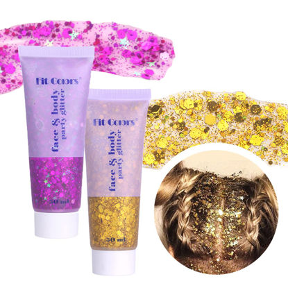 Picture of MEICOLY Gold Body Glitter,Purple Face Glitter Gel,Mermaid Sequins Liquid Self-Adhesive Glitter Gel,Chunky Glitter Eye Lip Hair Nail Festival Rave Accessories,Sparkling Body Glitter Gel for Women,100g