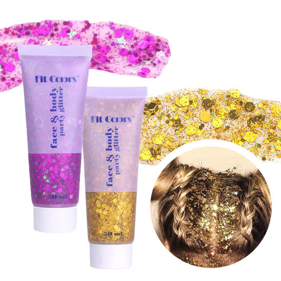 Picture of MEICOLY Gold Body Glitter,Purple Face Glitter Gel,Mermaid Sequins Liquid Self-Adhesive Glitter Gel,Chunky Glitter Eye Lip Hair Nail Festival Rave Accessories,Sparkling Body Glitter Gel for Women,100g