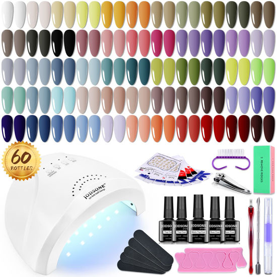 Picture of JODSONE 60 PCS Gel Nail Polish Kit with U V Light 55 Colors No Wipe Beautiful Colors Nail Gel Polish Base Top Coat Manicure Gifts for Salon and at Home