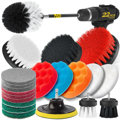 Picture of Holikme 22Piece Drill Brush Attachments Set, White Scrub Pads & Sponge, Power Scrubber Brush with Extend Long Attachment All Purpose Clean for Grout, Tiles, Sinks, Bathtub, Bathroom, Kitchen & Auto