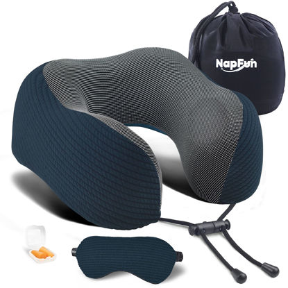 Picture of napfun Neck Pillow for Traveling, Upgraded Travel Neck Pillow for Airplane 100% Pure Memory Foam Travel Pillow for Flight Headrest Sleep, Portable Plane Accessories, Deep Blue Set, Medium (120-200LB)
