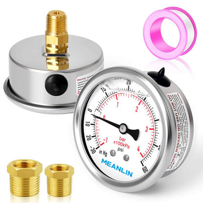 Picture of MEANLIN MEASURE -30~60Psi Stainless Steel 1/4" NPT 2.5" FACE DIAL Vacuum Pressure Gauge ，Center Back Mount