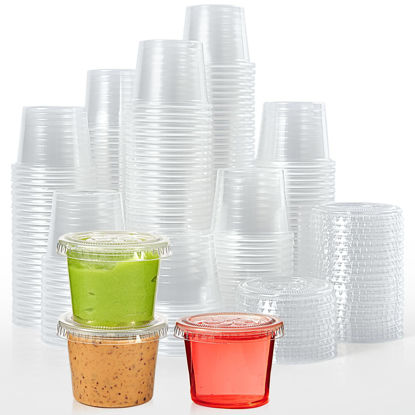 Picture of [400 Sets - 1 oz] Disposable Plastic Portion Cups with Lids, Small Plastic Condiment Containers for Sauce, 1 oz Jello Shot Cups, Souffle Cups