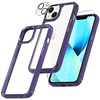 Picture of TAURI [5 in 1 Defender Designed for iPhone 13 Case 6.1 Inch, with 2 Pack Tempered Glass Screen Protector + 2 Pack Camera Lens Protector [Military Grade Protection] Shockproof Slim Thin-Dark Purple