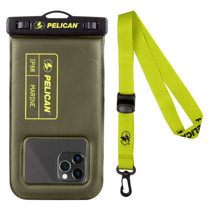 Picture of Pelican Marine - IP68 Waterproof Phone Pouch/Case (Regular Size) - Floating Waterproof Phone Case - iPhone 14 Pro Max/ 13 Pro Max/ 12 Pro Max/11/ S23 Ultra/Pixel 7 - Detachable Lanyard -Olive/Yellow