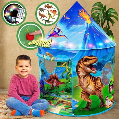 Picture of W&O Dino Paradise Play Tent with Roar Button, Dinosaur Toys and LED Lights - Epic Dinosaur Tent - Kids Tent Indoor & Outdoor - Tent for Kids - Kids Play Tent - Pop Up Tents for Kids - Kid Tent Indoor