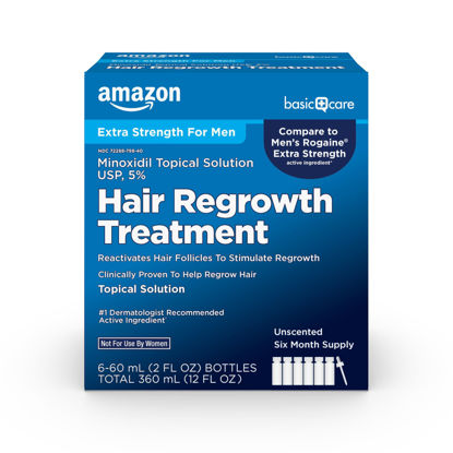 Picture of Amazon Basic Care Minoxidil Topical Solution USP 5%, Extra Strength Hair Regrowth Treatment for Men, 6 Month Supply, Unscented, 2 Fl Oz (Pack of 6)