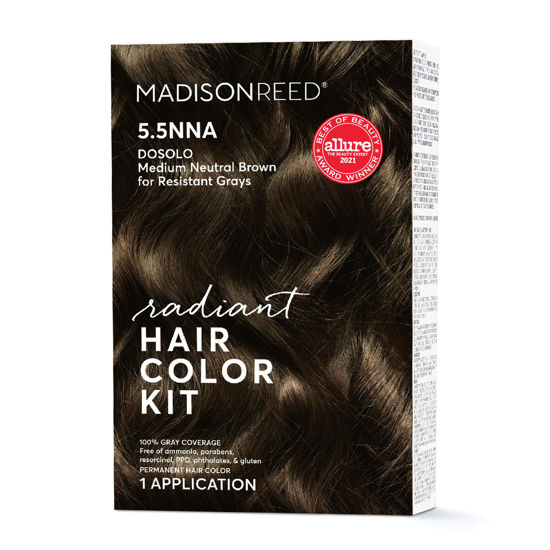Picture of Madison Reed Radiant Hair Color Kit, Medium Neutral Brown for 100% Gray Coverage of Resistant Gray Hair, Ammonia-Free, 5.5NNA Dosolo Brown, Permanent Hair Dye, Pack of 1