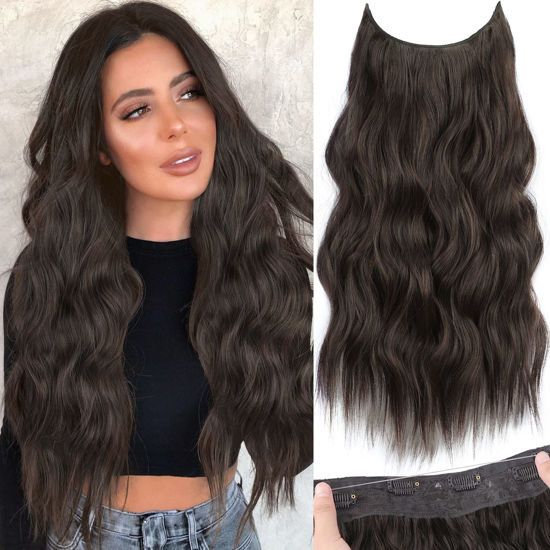 Picture of KooKaStyle Invisible Wire Hair Extensions with Transparent Wire Adjustable Size 4 Secure Clips Long Wavy Secret Hairpiece 20 Inch Dark Brown for Women