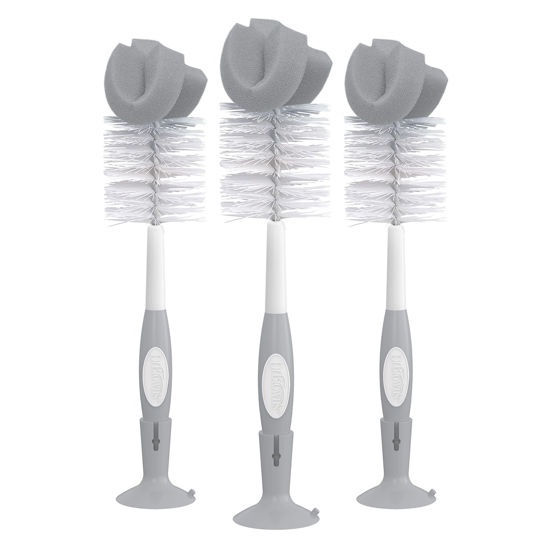 Picture of Dr. Brown's Reusable Sponge Baby Bottle Cleaning Brush Set with Suction Cup Stand, Scrubber and Nipple Cleaner, Gray, 3 Pack