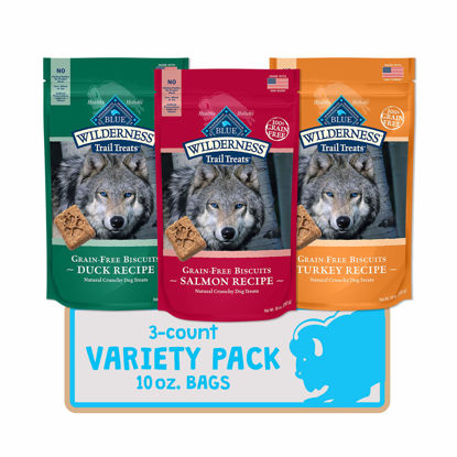 Picture of Blue Buffalo Wilderness Trail Treats High Protein Grain Free Crunchy Dog Biscuits Duck, Turkey, and Salmon 10-oz Variety Pack, 3ct