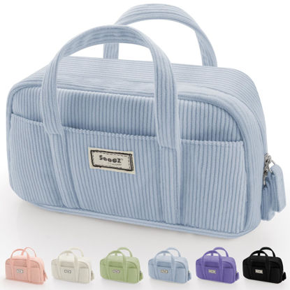 Picture of Sooez Large Pencil Case Pouch, Extra Big Pencil Bag with 5 Compartments, Pen Bag Wide Opening, Soft Corduroy Pencil Pouch Organizer with Zipper, Cute Aesthetic School Supplies for Teen Girls-Blue