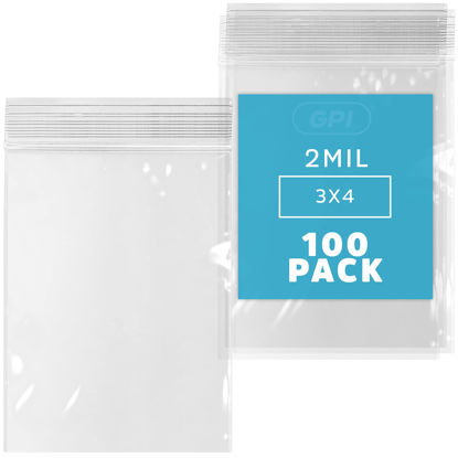 Picture of Clear Plastic RECLOSABLE Zip Bags - Bulk GPI Pack of 100 3" x 4" 2 mil Thick Strong & Durable Poly Baggies with Resealable Zip Top Lock for Travel, Storage, Packaging & Shipping.
