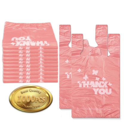 Picture of PINK Thank you bags, 1000PCS T shirt bags, To Go Bags,Grocery bags, Reusable and Disposable,Perfect for Small Business,Take Out,Retails,11"x6"x21"(1000)