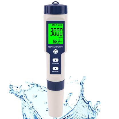 Picture of Pool Salt Tester & PH Meter, Hofun Digital Salinity Meter and PH Tester for Pool Saltwater and Drinking Water, 5 in 1 Salinity PH Temp EC and TDS Meter Swimming Pool Hot Tub Spas, High Accuracy