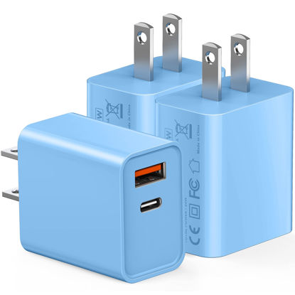 Picture of 3Pack Dual Port USB C Charger Block, 20W Power Delivery + QC3.0 USB A Double Port Fast Charging Brick for iPhone 14 13 12 Pro Max 11 14 Plus SE X XS Cube, Quick Charge Plug Adapter (Blue)