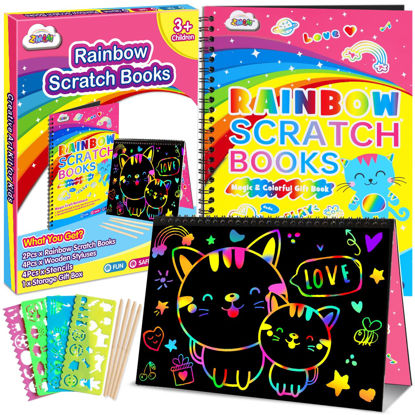 Picture of ZMLM Rainbow Scratch Notebooks for Kids: 2 Packs Art-Craft Scratch Off Notebooks Kits Magic DIY Paper Supplies Toy for 3 4 5 6 7 8 9 Years Old Girls Boys Gifts for Halloween Christmas Birthday Party