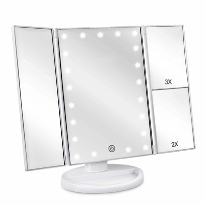Picture of deweisn Floor Mount Tri-Fold Lighted Vanity Mirror with 21 LED Lights, Touch Screen and 3X/2X/1X Magnification, Two Power Supply Modes Make Up Mirror,Travel Mirror